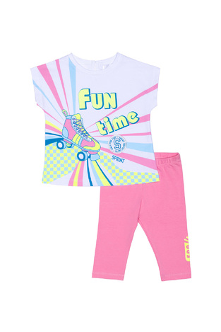 Set of SPRINT capri leggings in white with "FUN TIME" logo embossed.