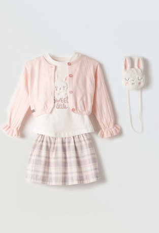 Skirt set 3 pcs. in pink color with knitted cardigan.