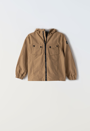 HASHTAG seasonal jacket in beige color with hood.