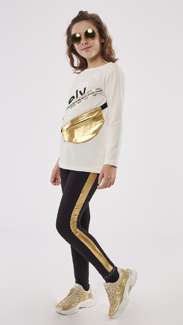 EBITA leggings set, off-white blouse and elastic leggings with metallic stripes on the sides.