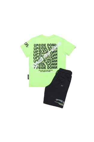 SPRINT shorts set in lime color with "UPSIDE DOWN" logo.