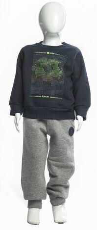 JOYCE tracksuit set, embossed print blouse and gray sweatpants.