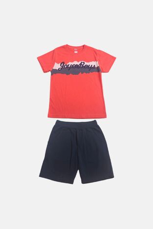 JOYCE shorts set in orange with "Joyce Boys" print.