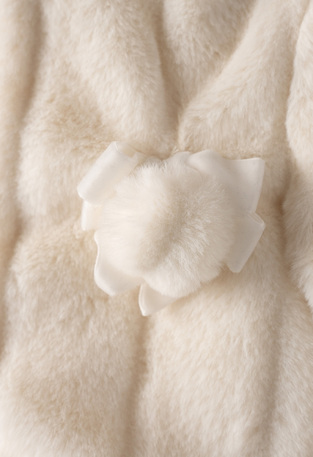 EBITA fur coat in off-white color with hood and matching scarf.