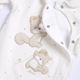 CHICCO cotton romper in off-white color with embossed squirrel print.