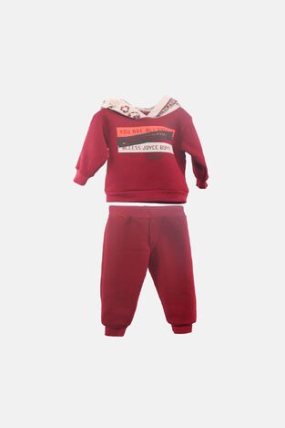 Seasonal JOYCE burgundy jumpsuit with hood and embossed print.