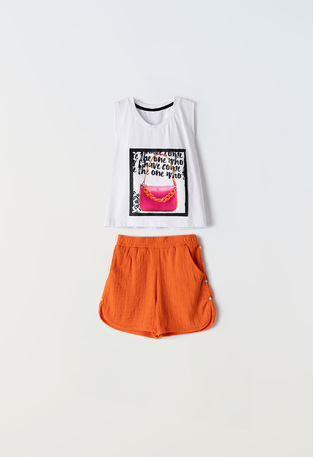 EBITA shorts set in orange color with embossed bag print.