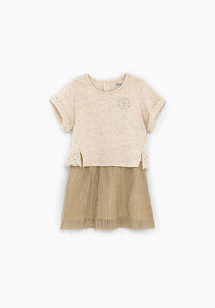 Ikks dress, light beige soft sweatshirt on top with gold pleated trim.