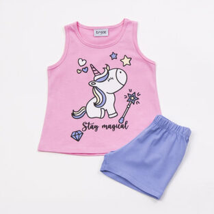 TRAX shorts set in pink with "STAY MAGICAL" logo.