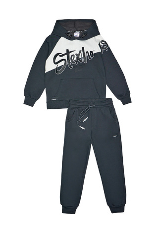 SPRINT jumpsuit set in charcoal color with hood and embossed print.