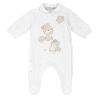 CHICCO cotton romper in off-white color with embossed squirrel print.