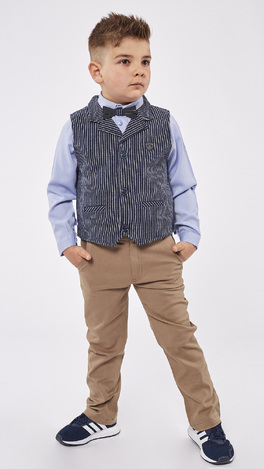 Set of 3 pcs. HASHTAG, bow tie shirt, striped vest and beige pants.