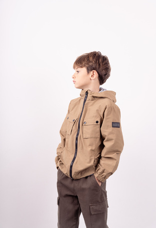 HASHTAG seasonal jacket in beige color with hood.