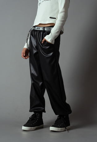 EBITA black leather pants with detachable belt.