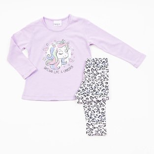 Seasonal set of TRAX leggings in lilac color with embossed unicorn print.