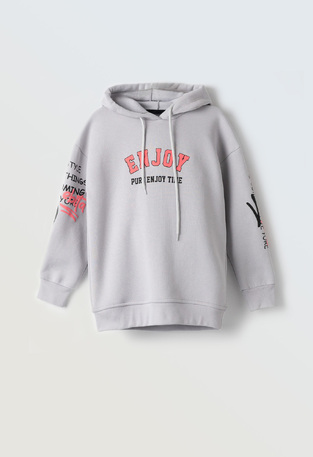 EBITA sweatshirt in gray with "ENJOY" logo embossed.