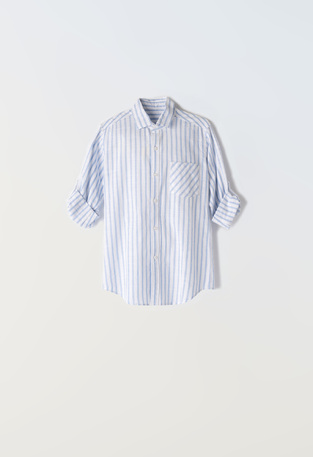 HASHTAG linen shirt in white color with siel striped pattern.