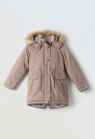 EBITA parka jacket in rotten apple color with hood.