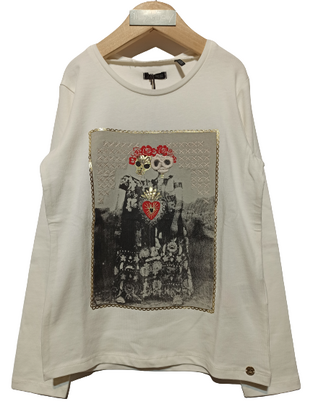 IKKS blouse in off-white color with round neck and embossed print. 