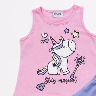 TRAX shorts set in pink with "STAY MAGICAL" logo.