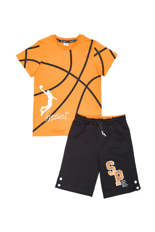 SPRINT shorts set in orange color with all over basketball print.