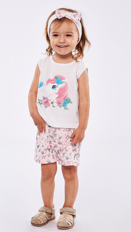 EBITA shorts set, white sleeveless top, printed shorts and matching ribbon.