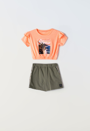 EBITA shorts set in orange color with embossed beach print.