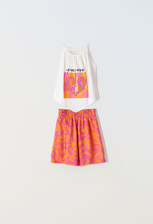 EBITA shorts set in orange and fuchsia colors with sequin print.