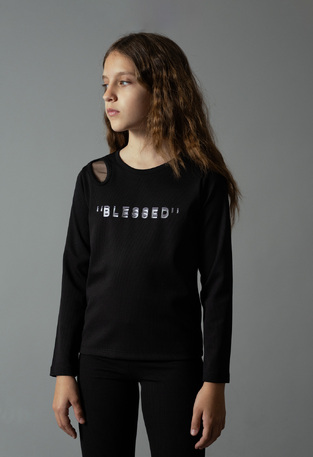 EBITA blouse in black with "BLESSED" logo embossed.