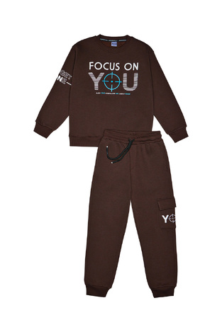 SPRINT tracksuit set in brown with "FOCUS ON YOU" logo embossed.