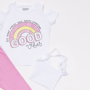 TRAX capri leggings set in white with "GOOD VIBES" logo and purse.