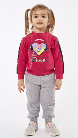 EBITA tracksuit set, fuchsia sweatshirt with tik tok print on the front, and sweatpants with elastic at the hem.