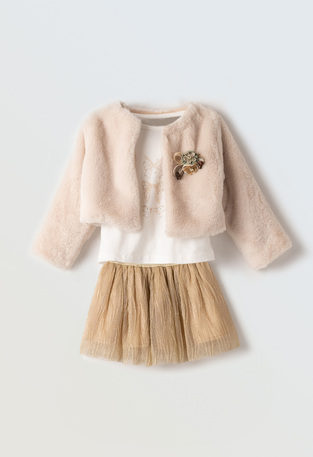 Skirt set 3 pcs. in beige color with fur.