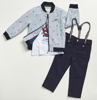 HASHTAG set, blue pants with removable suspenders, top with print on the front, and jacket with elastic on the bottom.