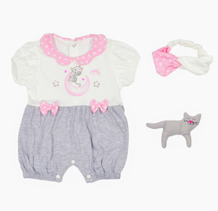 EBITA bodysuit with two-tone white-grey, polka dot collar, matching ribbon and toy.