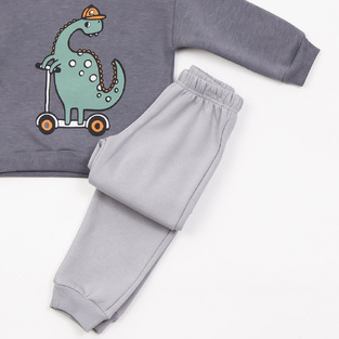 TRAX suit set in charcoal color with embossed dinosaur print.