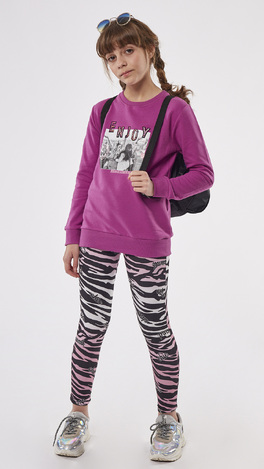 EBITA leggings set, purple sweatshirt with leopard leggings.