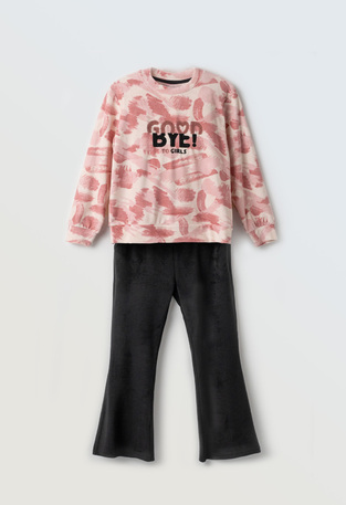 EBITA velvet suit set in off-white and pink colors with embossed logo.