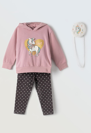 EBITA set of leggings in pink with a hood and embossed unicorn print.