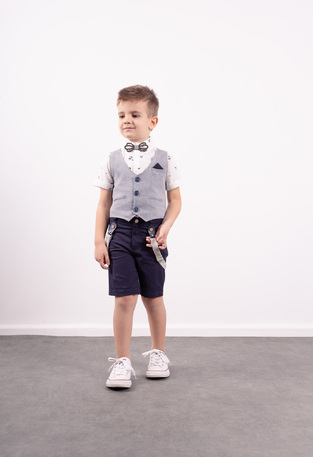 Set of 3 pcs. HASHTAG, shirt with wooden bow tie, waistcoat and fabric bermuda shorts.