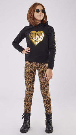 EBITA leggings set, black hooded sweatshirt and leopard print leggings.