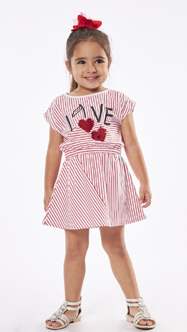 EBITA dress in red color with striped pattern and sequins.