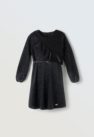 EBITA velvet dress in black color with rhinestone decorations.