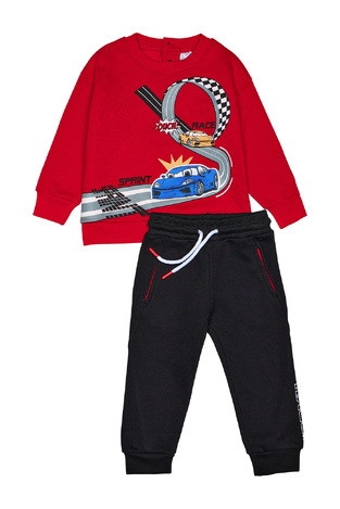 Set of SPRINT tracksuit in red color with embossed cars print.