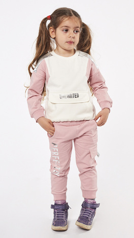 EBITA Tracksuit Set, Ecru-Pink Two-tone Sweatshirt, and Outer Side Pocket Metallic Print Sweatpants