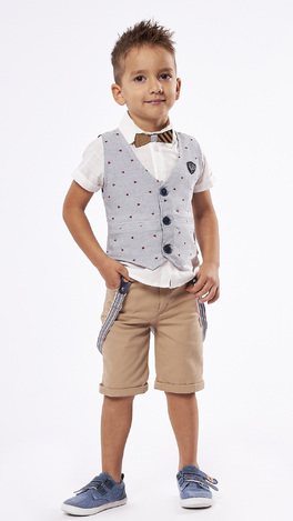 Set of 3 pcs. HASHTAG, waistcoat, bow tie shirt and bermuda shorts in beige.