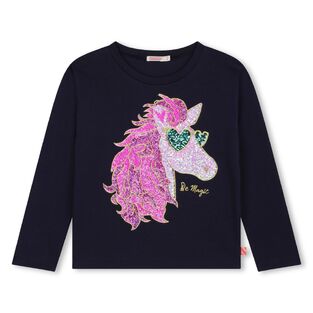 BILLIEBLUSH dark blue cotton blouse with sequin unicorn print.