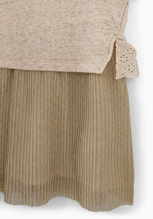 Ikks dress, light beige soft sweatshirt on top with gold pleated trim.