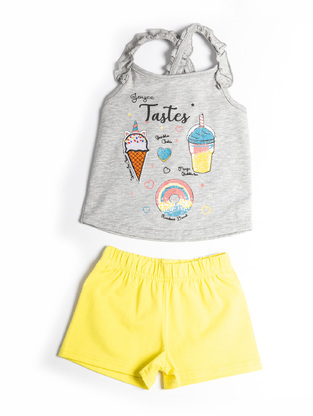 JOYCE shorts set, gray sleeveless top and yellow shorts.