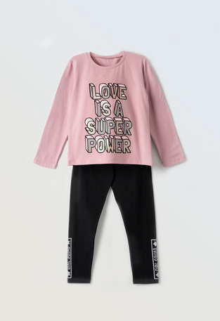 Seasonal set of EBITA leggings in pink with "LOVE IS A SUPER POWER" embossed logo.